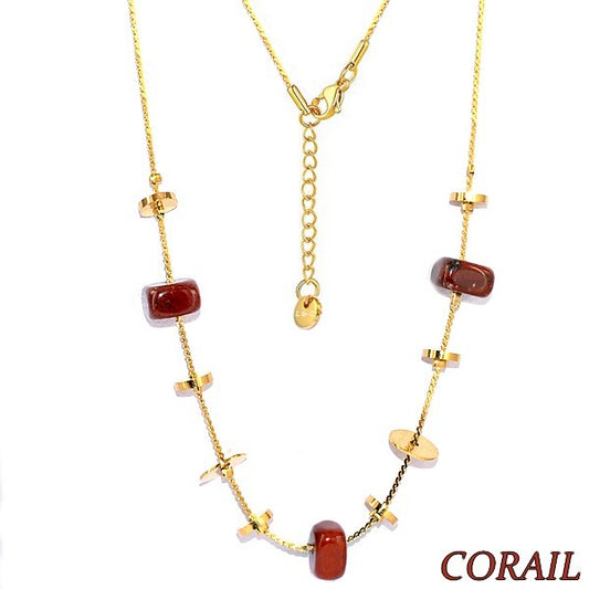 Collier pour femme acier & pierre - Corail - Disques doré