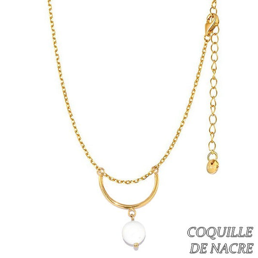Collier pour femme acier & pierre - Coquille de nacre - Demi cercle doré