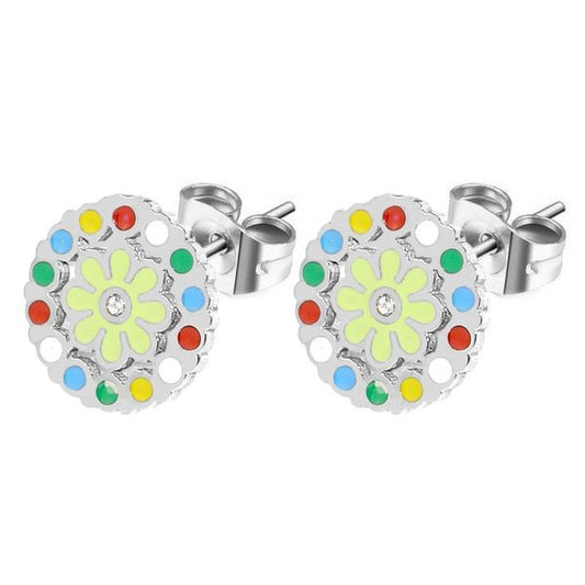 Boucles d'oreilles pour fille - Acier argenté - Cercle fleurie
