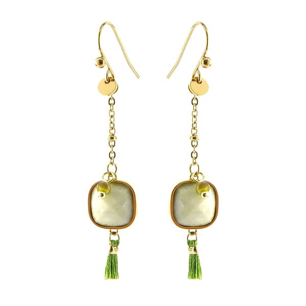 Boucles d'oreilles pour femme - pierre moutarde - pompon assorti