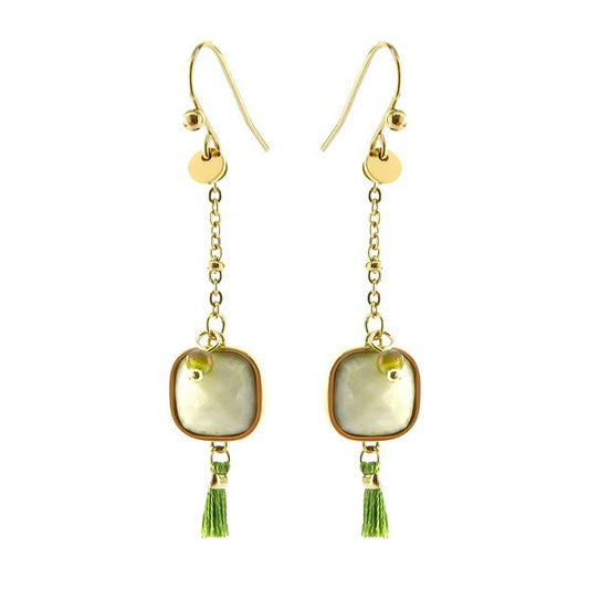 Boucles d'oreilles pour femme - pierre moutarde - pompon assorti