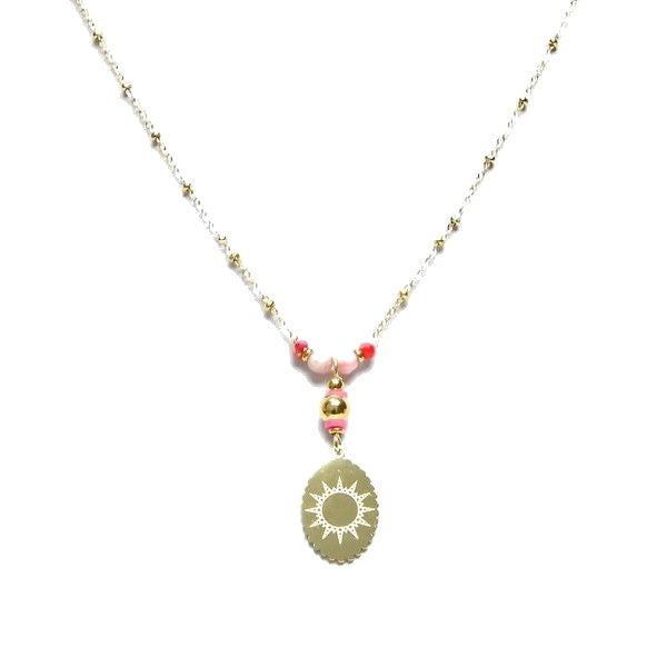 Collier pour femme - pendentif soleil - acier pierre naturelle - Rhodonite