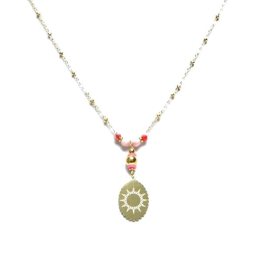 Collier pour femme - pendentif soleil - acier pierre naturelle - Rhodonite