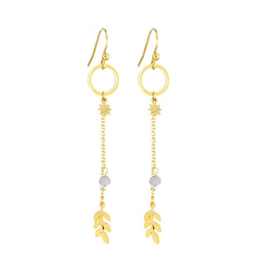 Boucles d'oreilles pour femme pendante acier étoile et feuille gemme gris