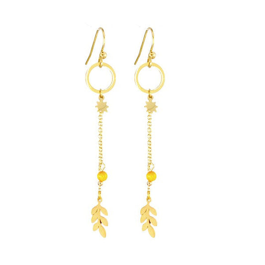 Boucles d'oreilles pour femme pendante acier étoile et feuille gemme orangé