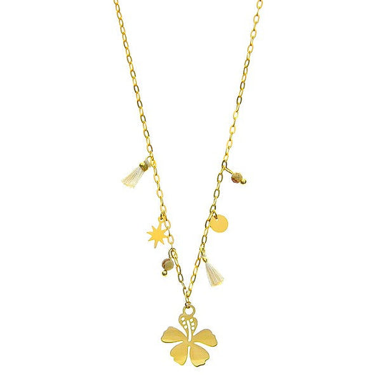 Collier pour femme - acier pierre naturelle - Pétale - Oeil de tigre