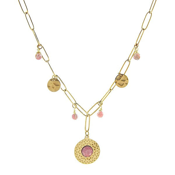 Collier pour femme - acier pierre naturelle - pendentif et breloques - Rhodonite