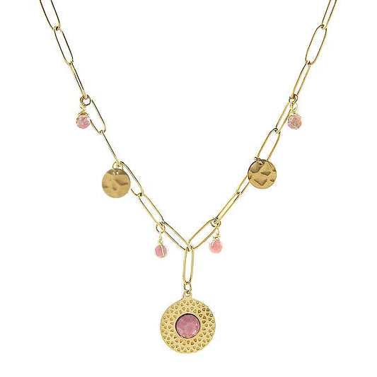 Collier pour femme - acier pierre naturelle - pendentif et breloques - Rhodonite
