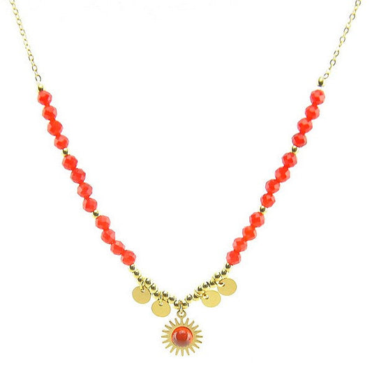 Collier pour femme chaîne acier breloques disques pierre naturelle agate rouge