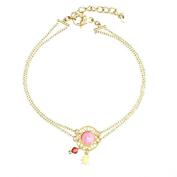 Bracelet pour femme double chaîne acier breloques étoiles pierre naturelle Rhodonite