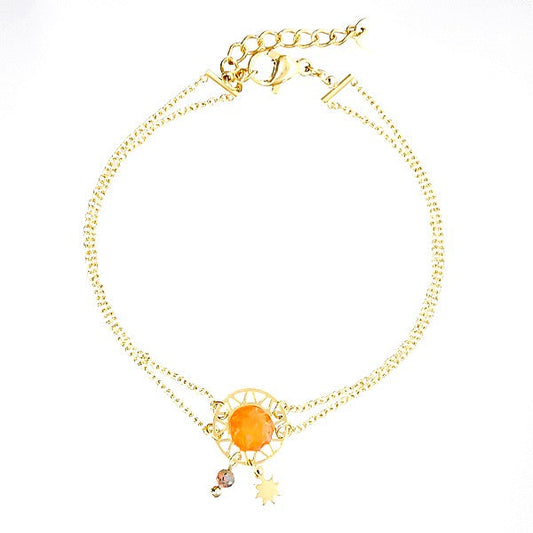 Bracelet pour femme double chaîne acier breloques étoiles pierre naturelle Agate rouge