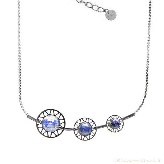 Collier pour femme acier 316 trio de rond pierre naturelle Lapis lazuli