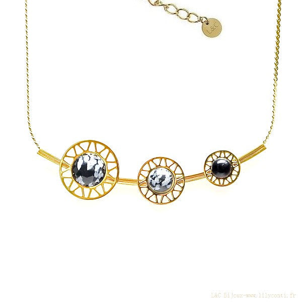 Collier pour femme acier 316 trio de rond pierre naturelle Flocon de neige