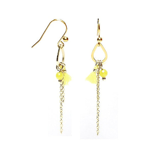 Boucles d'oreilles femme tombante acier 316 inoxydable pompon pierre moutarde