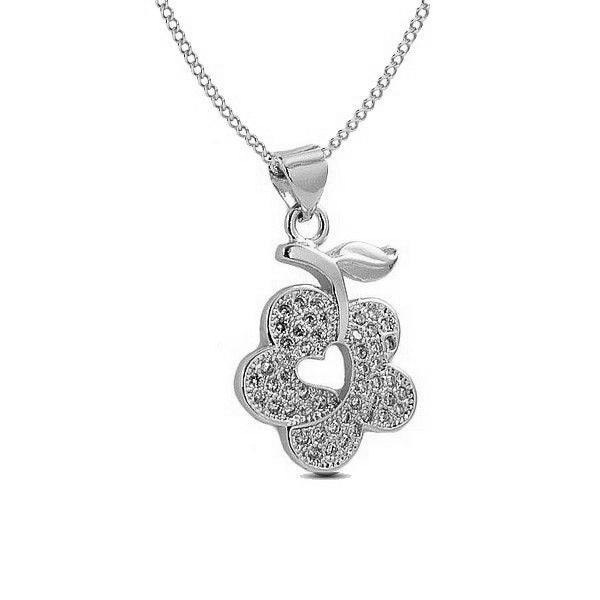 Collier rhodié pour femme de couleur argenté fleur originale et coeur creusé et diamants CZ