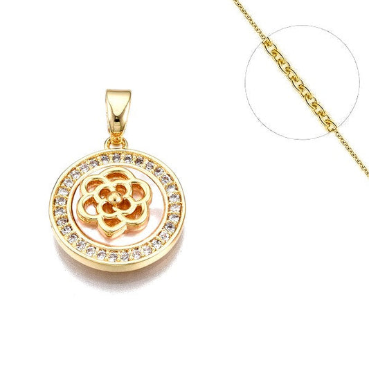 Collier chaine et pendentif zircon cubique coquille de nacre fleur