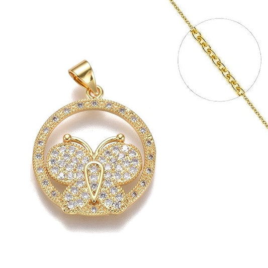 Collier chaine et pendentif zircon cubique cercle orné d'un papillon