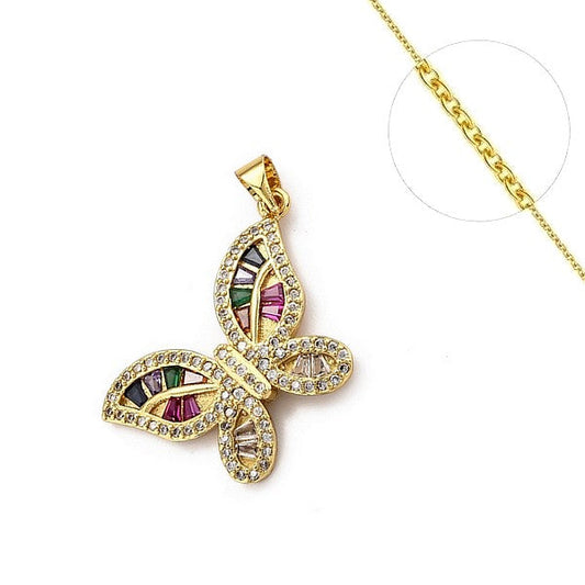Collier chaine et pendentif zircon cubique rouge et verre papillon