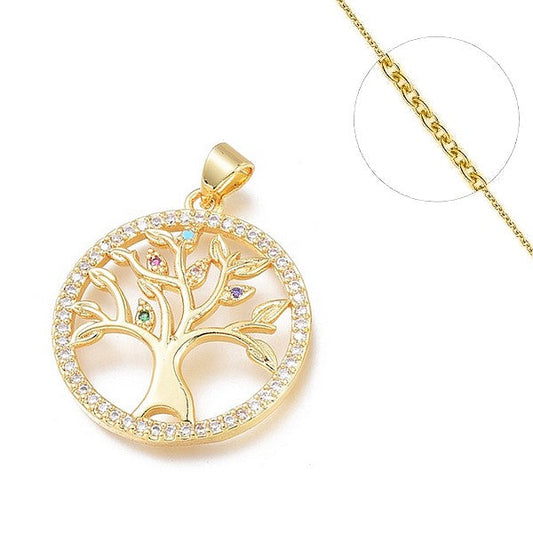 Collier chaine et pendentif zircon cubique couleur arbre de vie