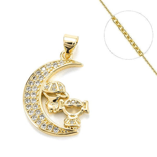 Collier chaine et pendentif zircon cubique lune avec enfants