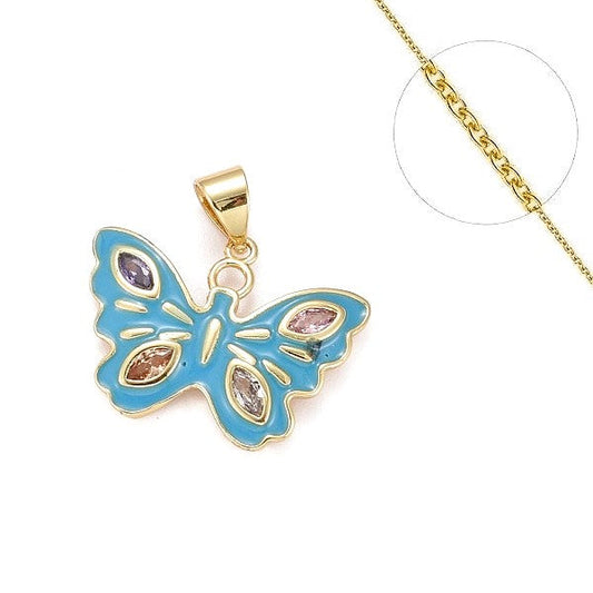 Collier chaine et pendentif papillon bleu