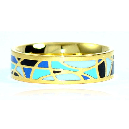Bague acier inoxydable or émail couleur bleu noir