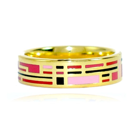 Bague acier inoxydable or émail couleur rose rouge noir
