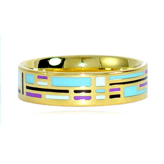 Bague acier inoxydable or émail couleur bleu noir blanc violet
