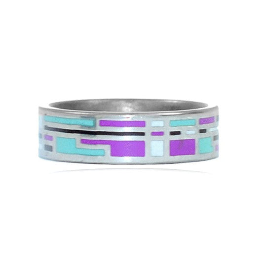 Bague acier inoxydable émail couleur bleu noir blanc violet