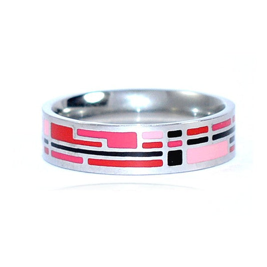 Bague acier inoxydable émail couleur rose rouge noir