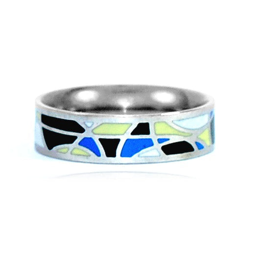 Bague acier inoxydable émail couleur bleu blanc noir jaune
