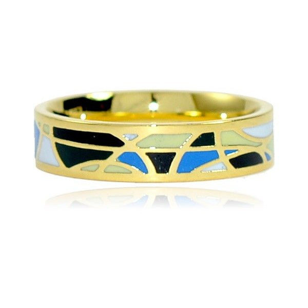 Bague acier inoxydable or émail couleur bleu noir blanc jaune