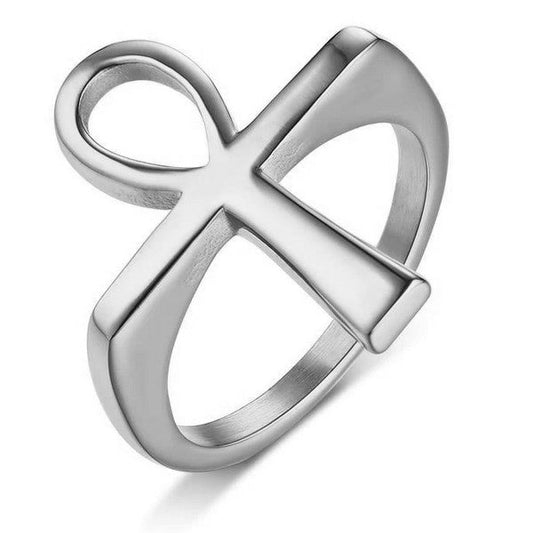 Bague acier 316 croix de vie argenté