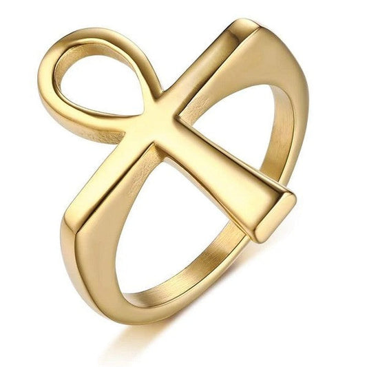 Bague acier 316 croix de vie or