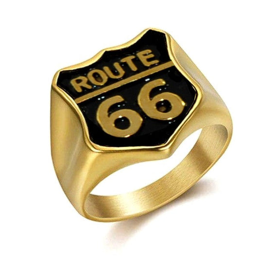 Bague chevalière acier 316 route 66 noir et or