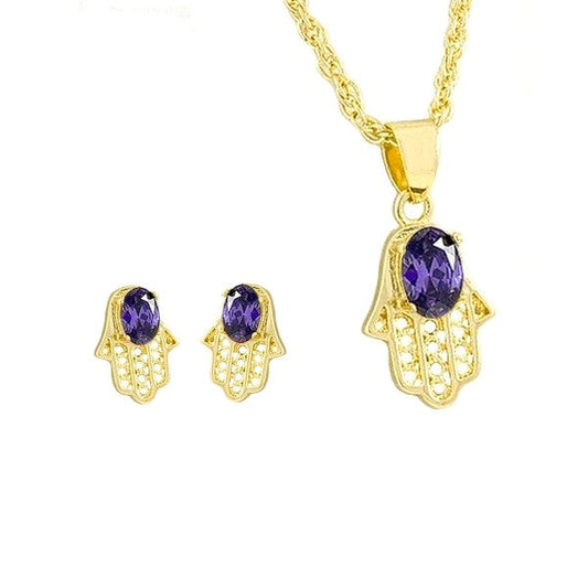 Parure pendentif et boucles - main de Fatma diamant cz violet