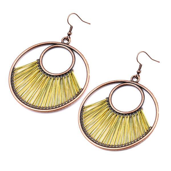Boucles d'oreilles fantaisie rondes cuivre fil coton jaune