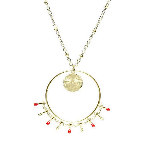 Collier acier inoxydable or breloques cercles pendants rouge