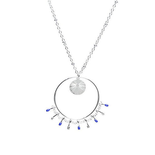 Collier acier inoxydable argenté breloques cercles pendants bleu