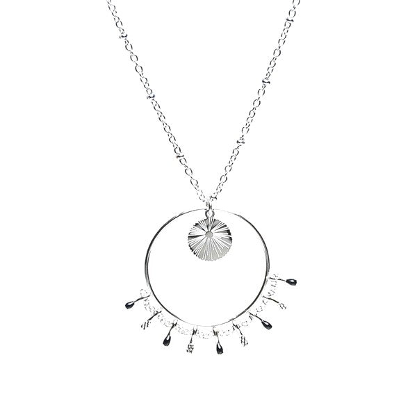 Collier acier inoxydable argenté breloques cercles pendants noir