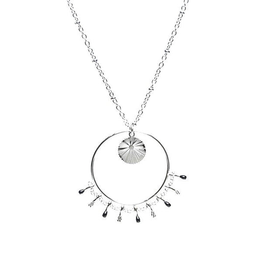 Collier acier inoxydable argenté breloques cercles pendants noir