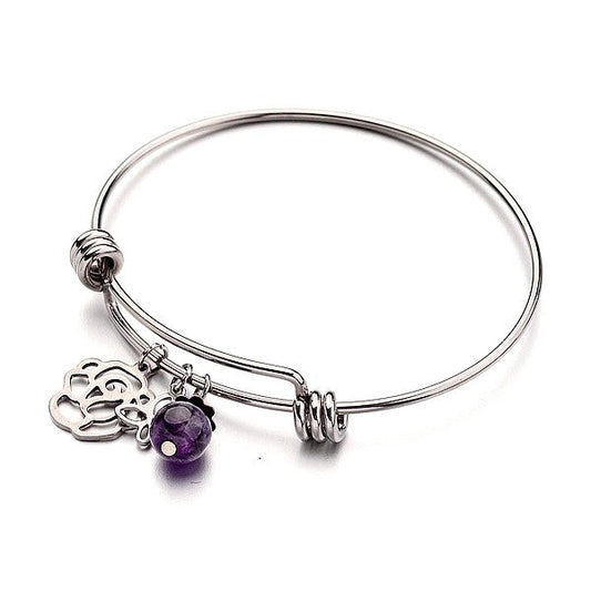 Bracelet acier inoxydable breloques fleur papillon pierre naturelle améthyste
