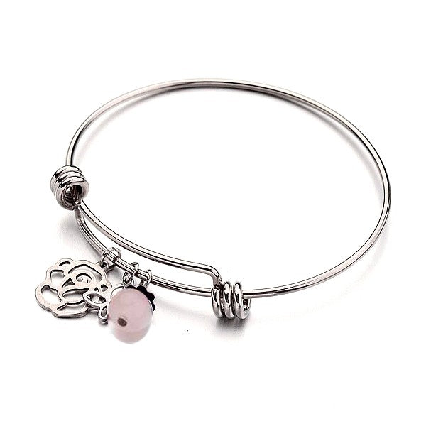 Bracelet acier inoxydable breloques fleur papillon pierre naturelle quartz rose