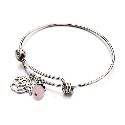 Bracelet acier inoxydable breloques fleur papillon pierre naturelle quartz rose
