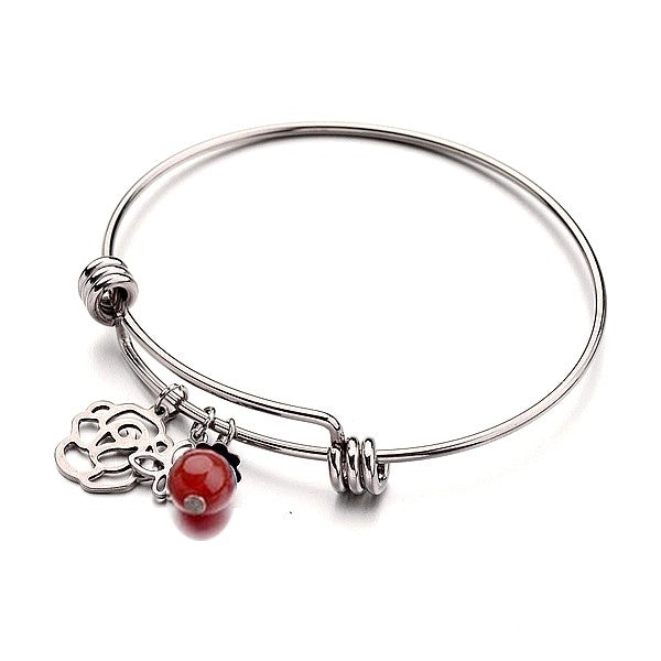 Bracelet acier inoxydable breloques fleur papillon pierre naturelle agate rouge