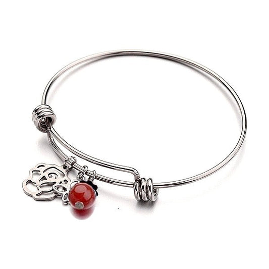Bracelet acier inoxydable breloques fleur papillon pierre naturelle agate rouge