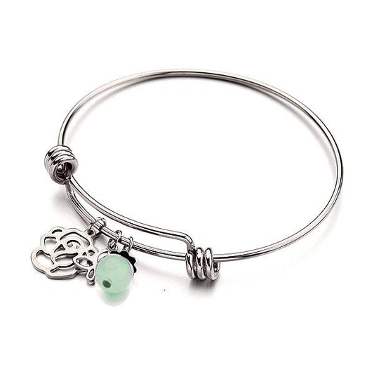Bracelet acier inoxydable breloques fleur papillon pierre naturelle aventurine