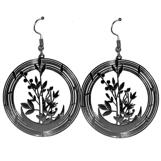 Boucles d'oreilles fantaisie rond avec fleurs noires