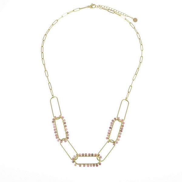 Collier acier inoxydable multitude de pierres naturelle rhodonite