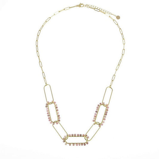 Collier acier inoxydable multitude de pierres naturelle rhodonite